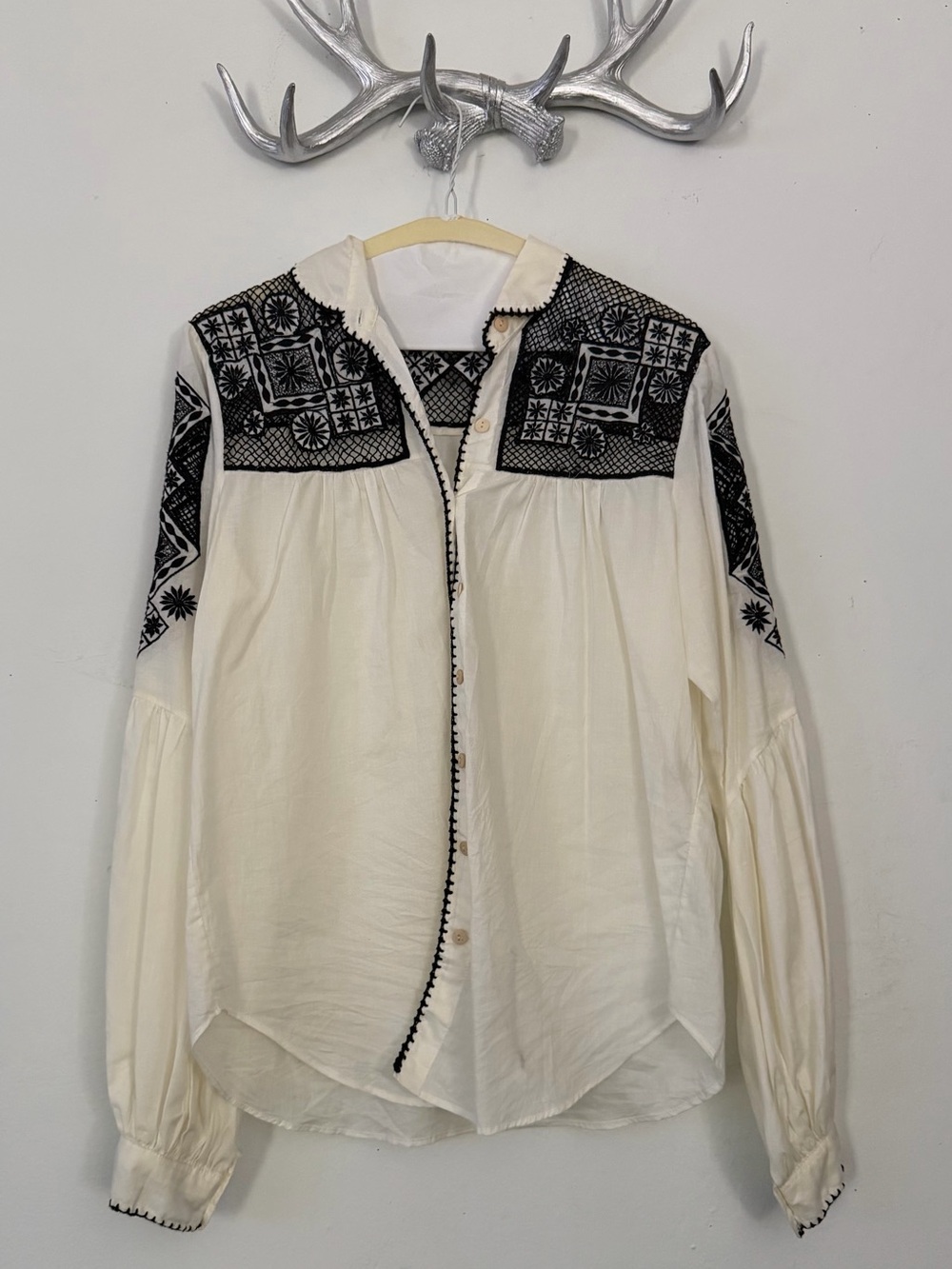 Chasing Unicorns Black & White Embroidered Western Peasant Blouse Shirt Handmade